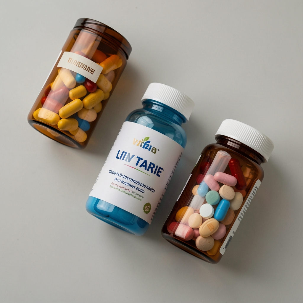 Close-up of vitamin supplement containers on a neutral background, editorial overhead flat lay composition