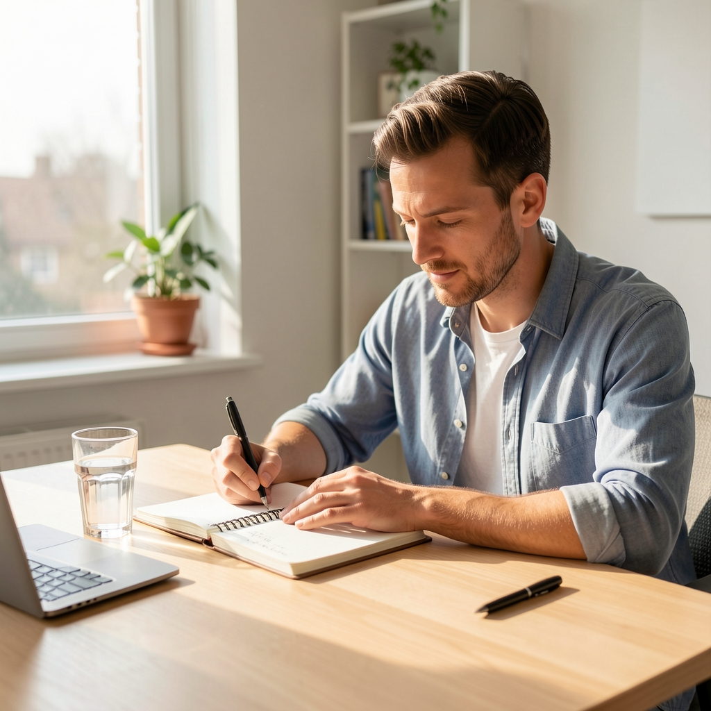Man journalling supplement routine at a clean wooden desk with a glass of water and morning light