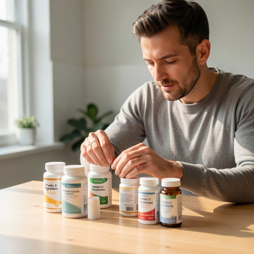 Man carefully arranging vitamin D and magnesium supplement containers on a clean wooden surface in natural daylight