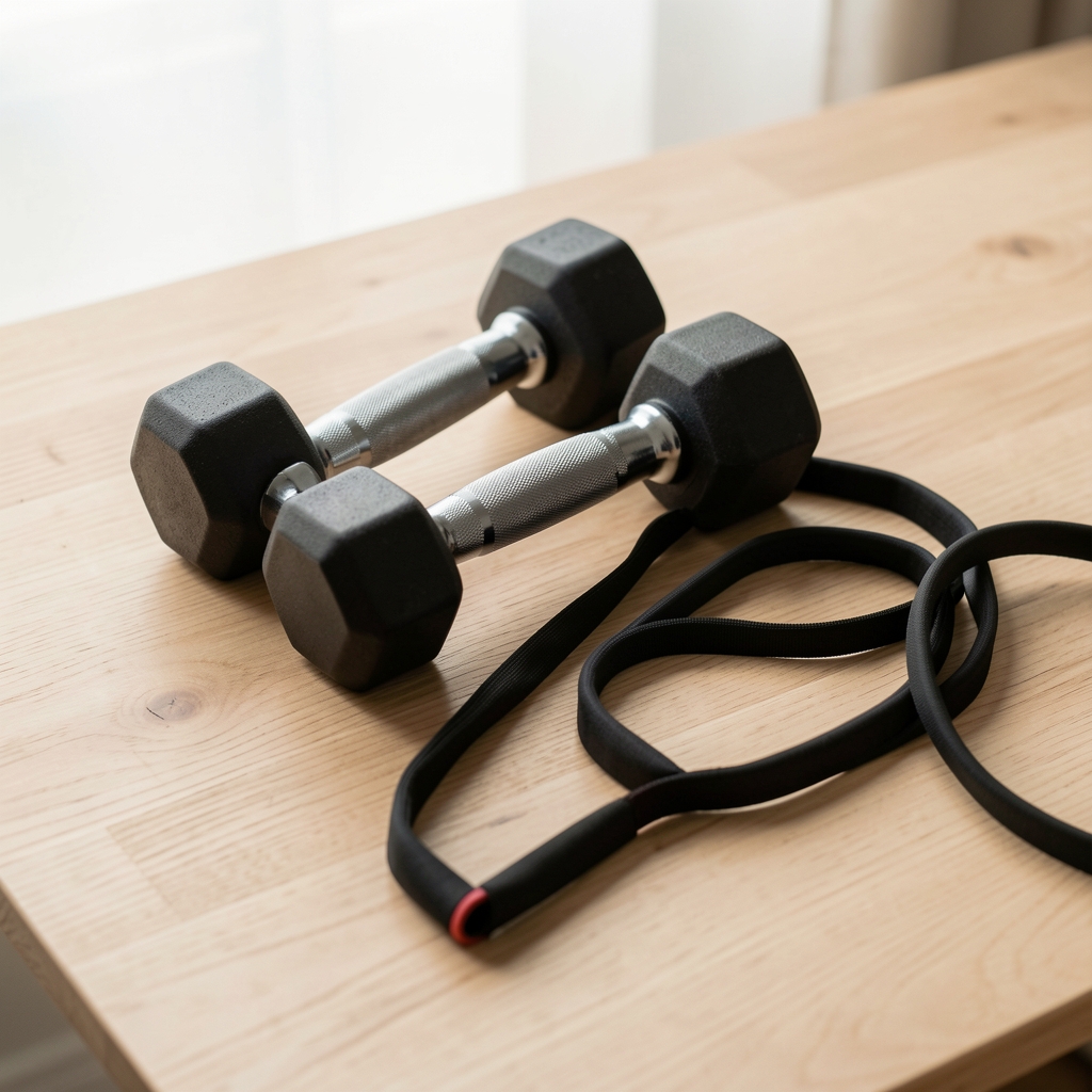 Weights and resistance band on a clean wooden surface under diffused daylight, editorial composition