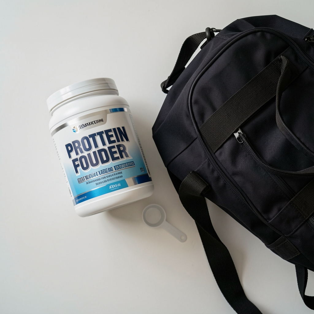 Protein powder container and measuring scoop next to a gym bag on a minimal surface, overhead view