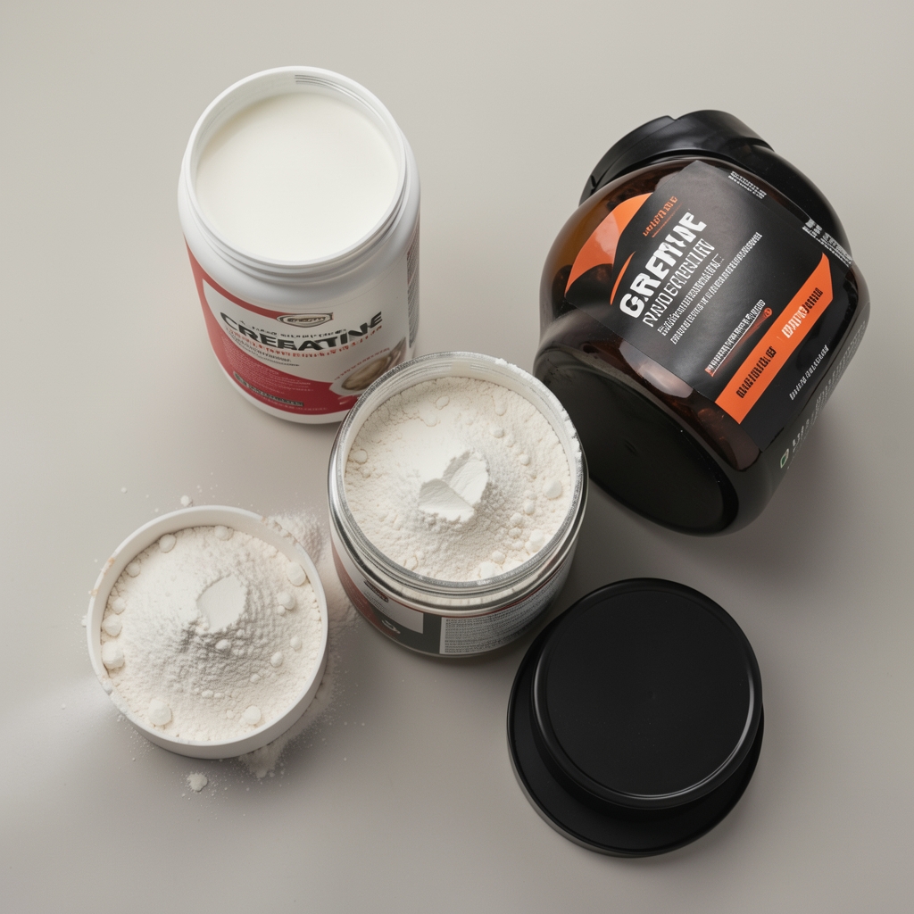 Close-up of creatine powder and protein supplement containers arranged in editorial overhead composition on neutral background