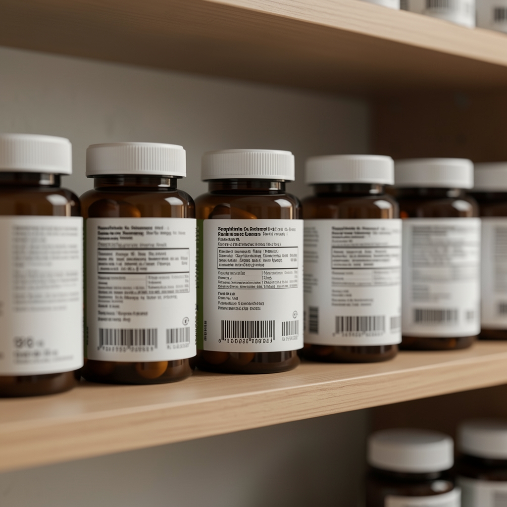 Supplement labels arranged on a shelf in editorial lighting, close-up composition with shallow depth