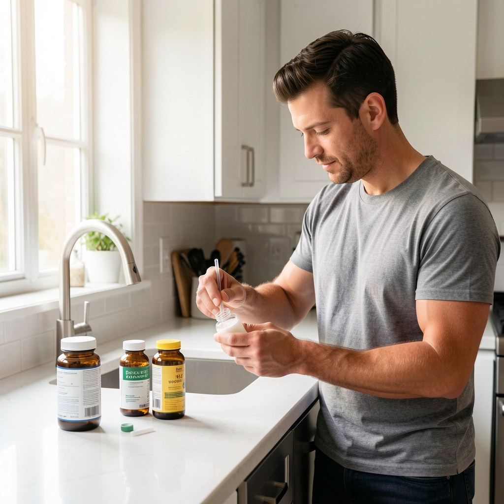 Man preparing morning supplement routine at a bright kitchen counter, natural light streaming from left window
