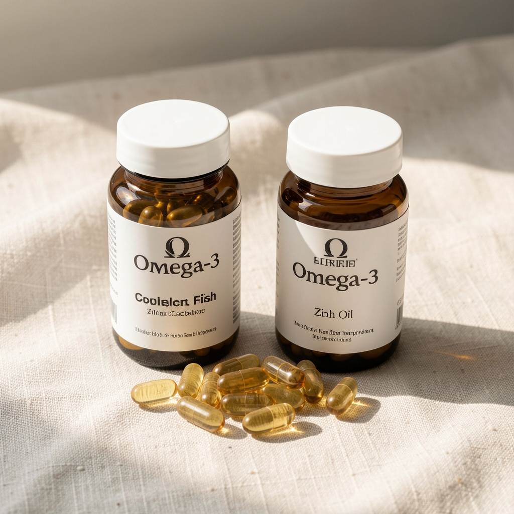 Omega-3 fish oil daily supplements and zinc supplement bottles photographed in soft morning light on a pale linen surface