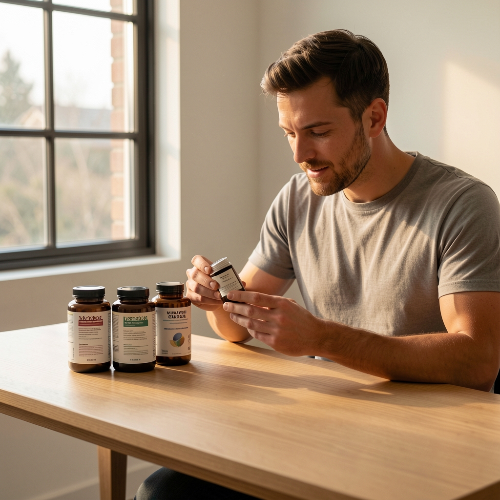 Active man reviewing supplement containers on a minimalist wooden desk with morning light filtering through a window